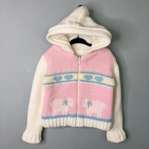 Vtg 80s Reversible Toddler Hooded Full Zip Sweater Jacket Hearts Lambs 12-18 mos